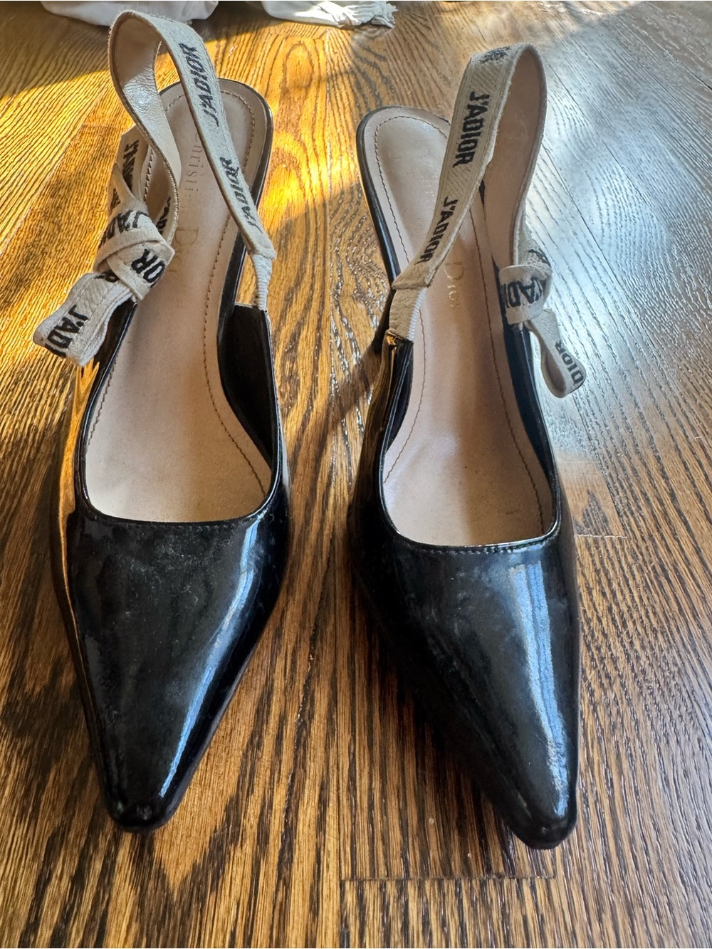 Dior Black Patent Leather Pointed Slingback Pumps with J'Adior Ribbon